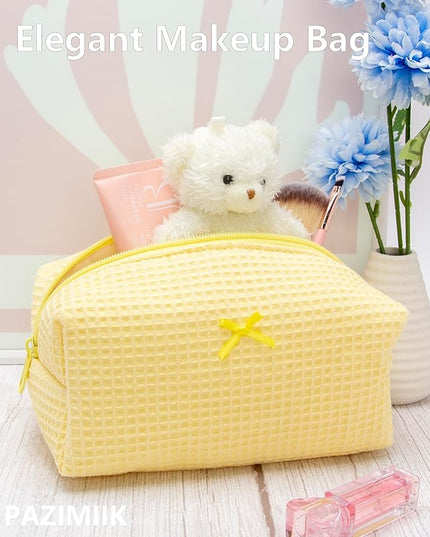 PAZIMIIK Cozy Makeup Bag Travel Cosmetic Bag for Women Soft Toiletry Bag Aesthetic Makeup Organizer Portable Large Zipper Pouch for Skincare Beauty Accessories Brushes Waffle Check Yellow
