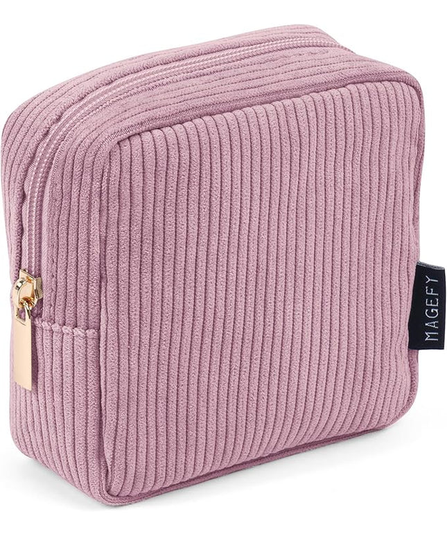 MAGEFY Small Makeup Bag for Purse Mini Cosmetics Bag Corduroy Cute Cosmetic Pouch for Women with Slip-in Pockets