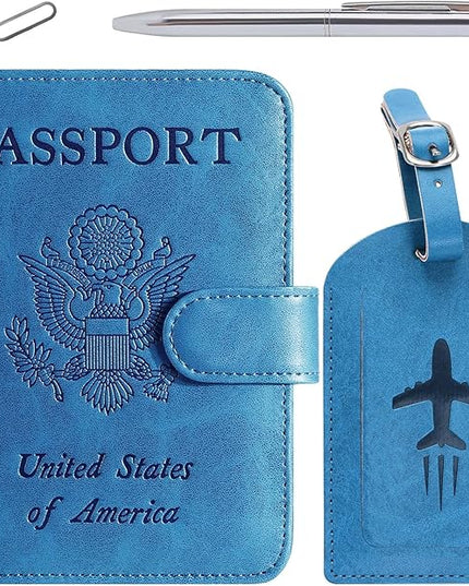 Passport Holder With Luggage Tag Cover Wallet RFID Blocking Leather Case Travel Essentials Accessories Travel Must Have(114#Blue)