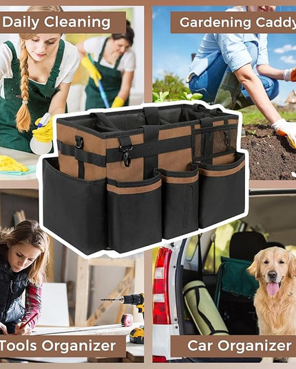 Wearable Cleaning Caddy, Cleaning Caddy Supplies Organizer with Handle & Shoulder Straps for Housekeepers, Under Sink & Car Cleaning Tool Organizers Bag with 4 Foldable Divider (Brown)