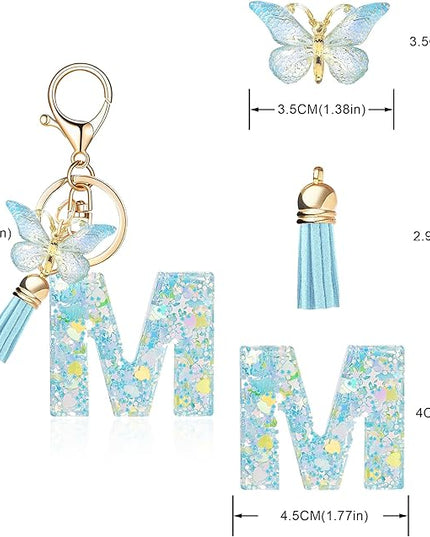 Fashion Alphabet Initial Letter Keychain Tassel Butterfly Pendant Key Ring for Purse Handbags Women Girl