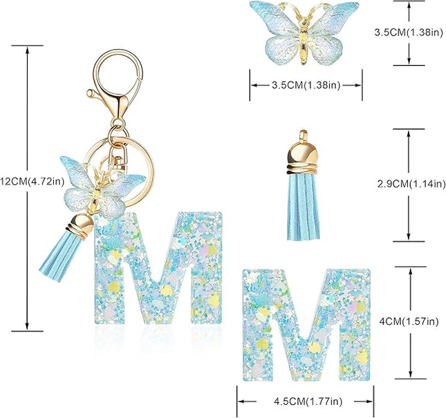 Fashion Alphabet Initial Letter Keychain Tassel Butterfly Pendant Key Ring for Purse Handbags Women Girl