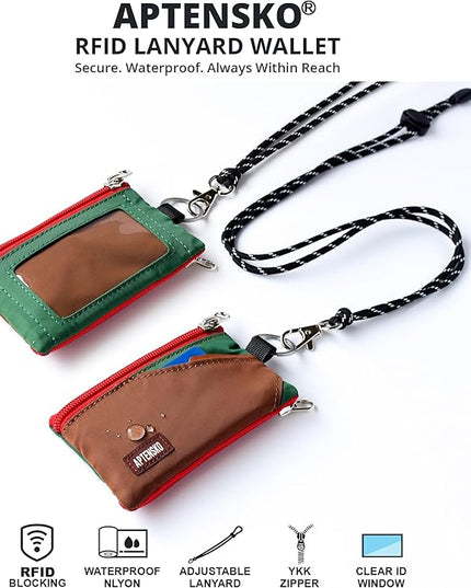 RFID Travel Wallet with Adjustable Lanyard-Zipper Small Wallet with ID Card Holder, Keychain for women&men-Minimalist Slim Waterproof Nylon case for ID, Cash, Key (Coffee+DarkYellow)