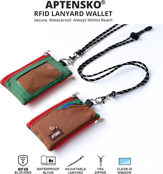 RFID Travel Wallet with Adjustable Lanyard-Zipper Small Wallet with ID Card Holder, Keychain for women&men-Minimalist Slim Waterproof Nylon case for ID, Cash, Key (Coffee+DarkYellow)