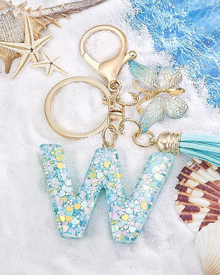 Fashion Alphabet Initial Letter Keychain Tassel Butterfly Pendant Key Ring for Purse Handbags Women Girl