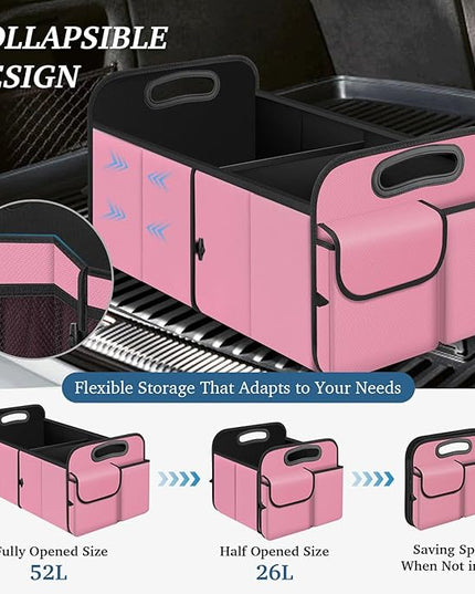 Trunk Organizer, Collapsible Waterproof Multi-Compartment Trunk Organizer for SUVs & Sedans, Car Storage with Reinforced Handles, Car Accessories for Women and Men, 52L