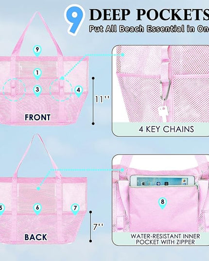 Mesh Beach Bag, Large Beach Tote with Zipper Pocket, Toys Pool Bag for Family Travel Vacation Cruise Essentials