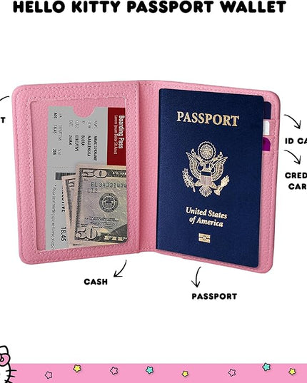 Hello Kitty Pebbled Pink Passport Holder for Travel Official License, Sanrio Passport Cover for Women