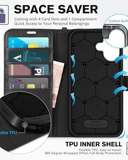 TUCCH Case Wallet for iPhone 16, [Wrist Strap] RFID Blocking 4 Card Slots Kickstand [Shockproof TPU Shell], PU Leather Magnetic Flip Cover Compatible with iPhone 16 5G 2024, Black with Wristlet