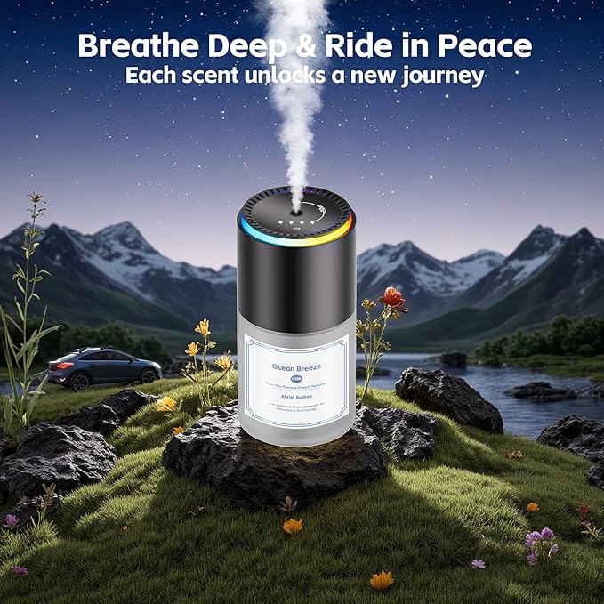 Car Air Freshener,Smart Car Air Freshener, car Diffuser with 150 ML (5oz) Capacity Multi-fragrance, RGB Music Syncing Light, Auto On/Off (Oceans)