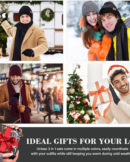 FZ FANTASTIC ZONE Mens Winter Knit Hat Beanie Long Neck Scarf Touchscreen Gloves Set Fleece Skull Caps Gifts for Men Women