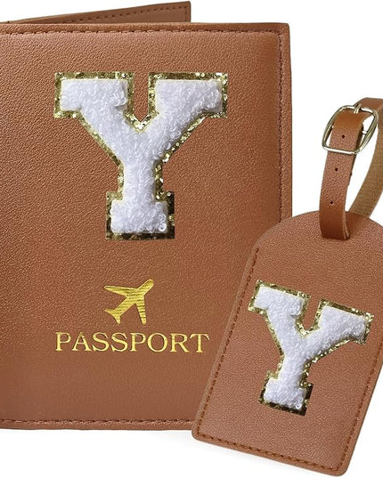 COSHAYSOO Brown Initial Passport Cover Holder and Luggage Tag Set TSA Approved with Chenille Letter Patch ABC for Women Teenage Girls, Travel Essentials Must Have Stuff Bag Suitcase Identifier (Y)