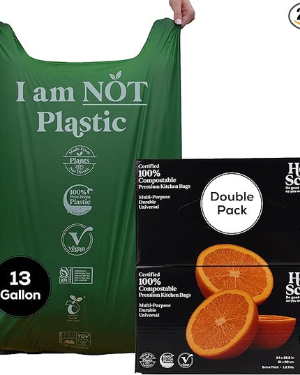 Extra Large Compostable Trash Bags - 13 Gallon, 60 Pack | Plastic-Free & Decomposing Tall Kitchen Garbage Bags & Liners with Easy-Tie Handles | Thick Bin Bags for Green & Food Waste