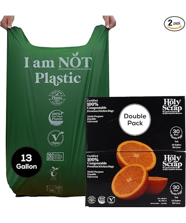 Extra Large Compostable Trash Bags - 13 Gallon, 60 Pack | Plastic-Free & Decomposing Tall Kitchen Garbage Bags & Liners with Easy-Tie Handles | Thick Bin Bags for Green & Food Waste