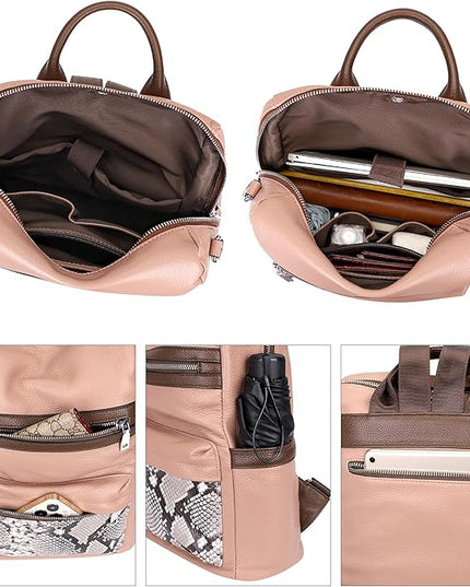 ALTOSY Genuine Leather Backpack Purse for Women Convertible Shoulder bag Soft Crossdody Bag with Laptop Compartment Large (S108 Dark Pink/Coffee/Grey)