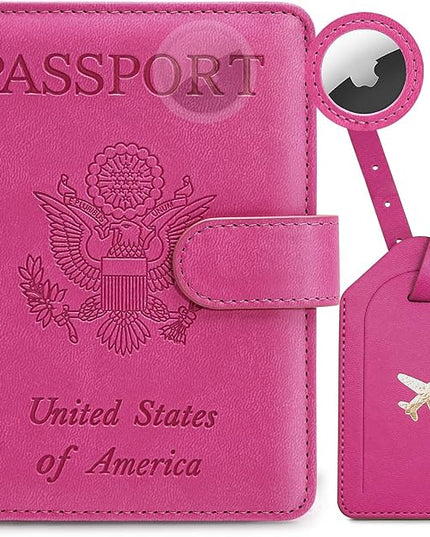 Passport Holder for Travel Family with Slot for AirTag & Luggage Tag Cover, – RFID Blocking Passport Wallet for Women & Girl | PU Leather Passport Cover Case with Money Pocket – Pink