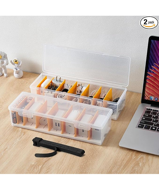 2 Pack Cable Organizer Storage Box with 16 Cable Ties, Clear Phone Charger Organizer Case Wire Organizers for Cords Electronic Storage Box for Drawer Desk Office Home