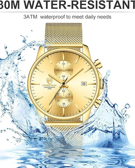 GOLDEN HOUR Mens Watch Fashion Sleek Minimalist Quartz Analog Mesh Stainless Steel Waterproof Chronograph Watches for Men with Auto Date