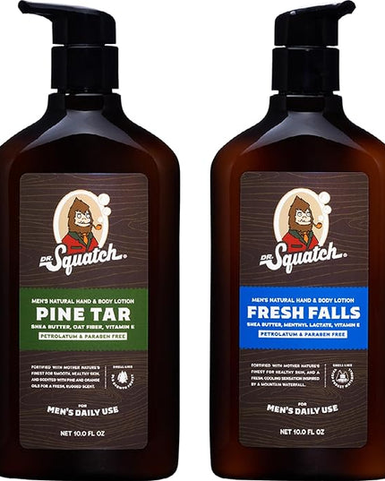 Dr. Squatch Natural Hand and Body Lotion for Men - Made with Shea Butter, Coconut Oil, Vitamin E for 24-Hr Moisturization - Pine Tar & Fresh Falls (10 fl oz, 2-Pack)
