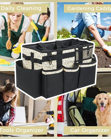 Wearable Cleaning Caddy, Cleaning Caddy Supplies Organizer with Handle & Shoulder Straps for Housekeepers, Under Sink & Car Cleaning Tool Organizers Bag with 4 Foldable Divider (YellowFlower)