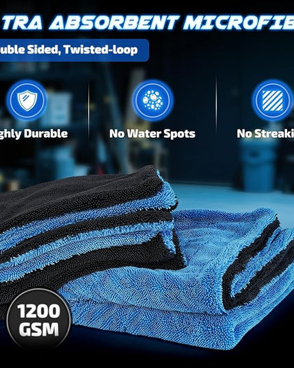 2-Pack 1200 GSM Car Drying Towels – Microfiber Towels for Cars (36" x 24"), Ultra-Absorbent, Streak-Free, Scratch-Free, No Water Spots, Double-Twist Pile & Edgeless Design(Blue)