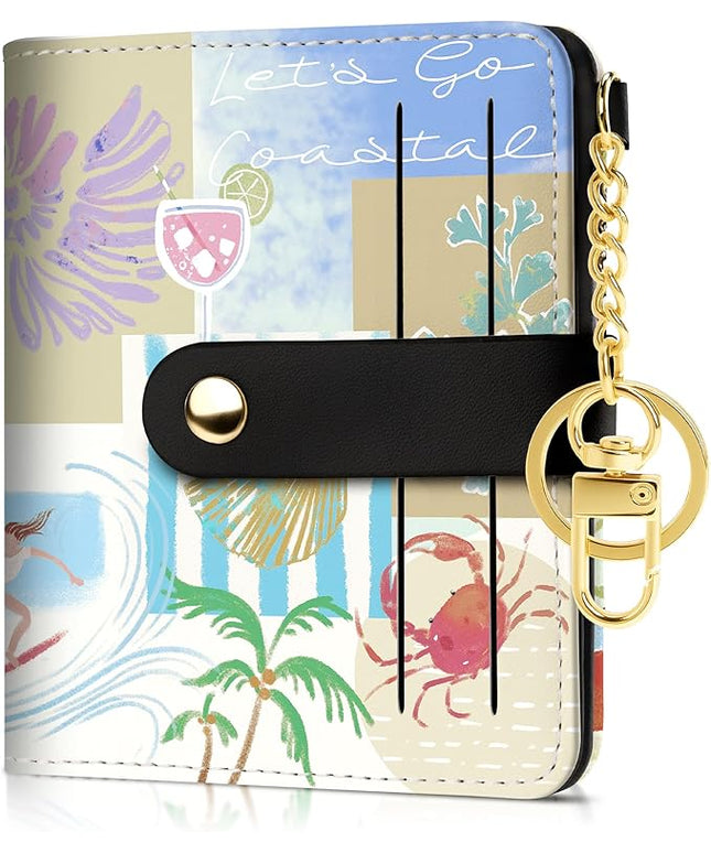 Sodsay Small Slim Wallet Women RFID Blocking, PU Leather Bifold Ladies Wallet with Zipper Coin Pocket, Thin Cute Travel Card Wallets for Girls, Blue Seaside Breeze