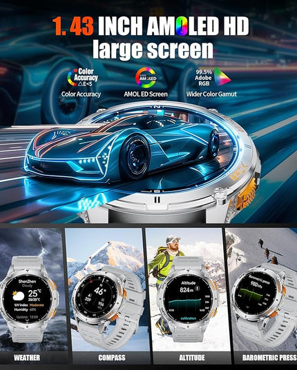 LIGE GPS Smart Watch for Men, 1.43" AMOLED/LED Flashlight/Compass Smartwatch, IP68 Waterproof/Swim Mode/Pedometer/100+ Sports Mode Fitness Tracker, Military Smart Watches for Android iOS Compatible