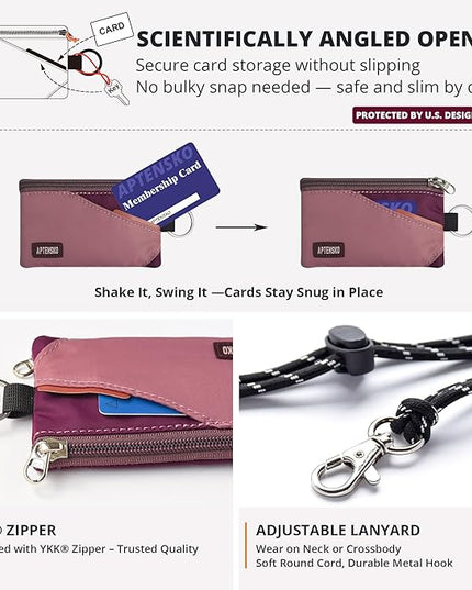 RFID Travel Wallet with Adjustable Lanyard-Zipper Small Wallet with ID Card Holder, Keychain for women&men-Minimalist Slim Waterproof Nylon case for ID, Cash, Key (Mauve+Plum Wine)