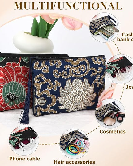 kilofly 2 pc Chinese Silk Brocade Padded Tassel Zipper Jewelry Bag Gift Pouch set2 A