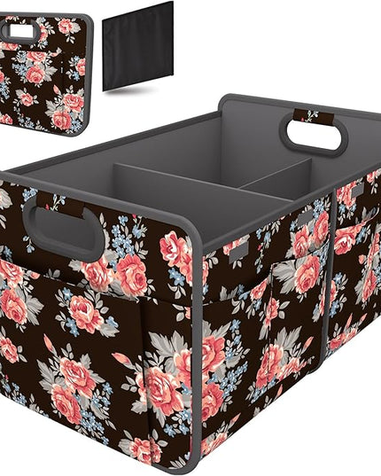 Homeve Trunk Organizer, Car Storage, Reinforced Handles, Collapsible Multi-Compartment, Foldable, Waterproof, Sturdy, 600D Oxford Polyester For Car, SUV, Mini-Van, Peony, 2 Compart