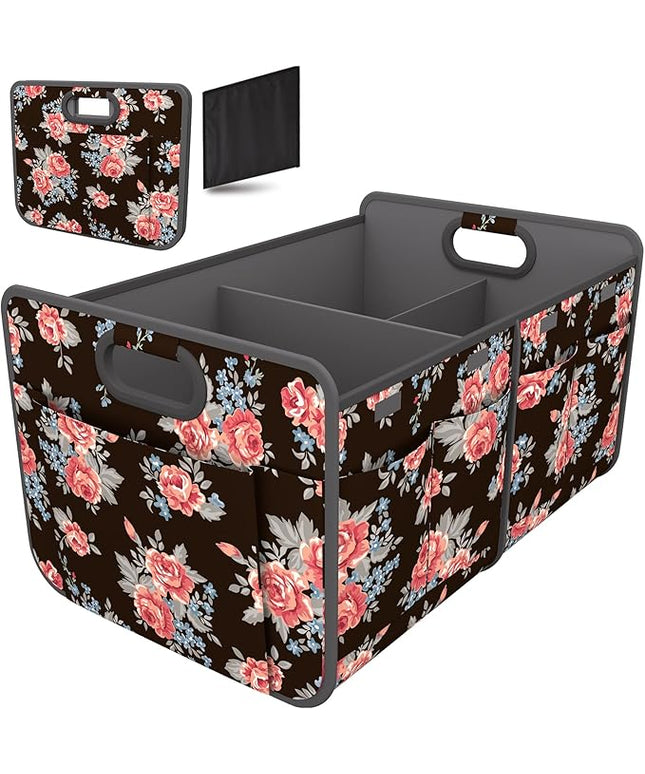 Homeve Trunk Organizer, Car Storage, Reinforced Handles, Collapsible Multi-Compartment, Foldable, Waterproof, Sturdy, 600D Oxford Polyester For Car, SUV, Mini-Van, Peony, 2 Compart