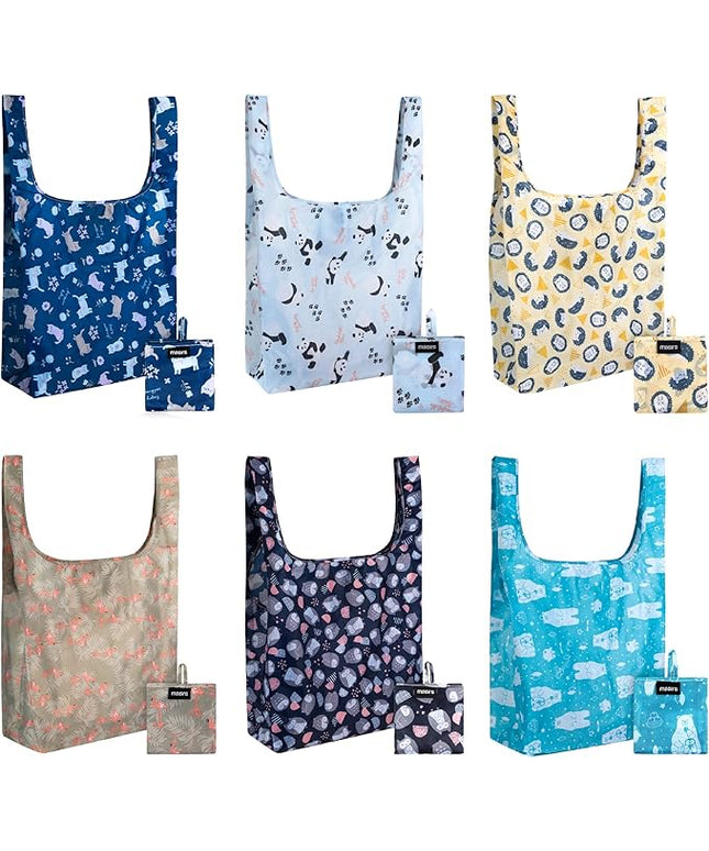 Masirs Reusable Grocery Bag (ANIMAL PATTERN | 6-PACK) - Reusable Ripstop Bags - Large, Strong Eco Friendly Bags - Foldable Shopping Bag - For Kitchen, Grocery & More - Packable Shopping Bag