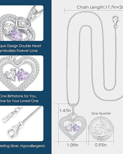 LOUISA SECRET Sparkling Double Heart Birthstone Necklaces for Women, 925 Sterling Silver Fine Jewelry, Pendant Heart Necklaces Birthday Anniversary Christmas Gift for Women Wife Mom Girlfriend Lady