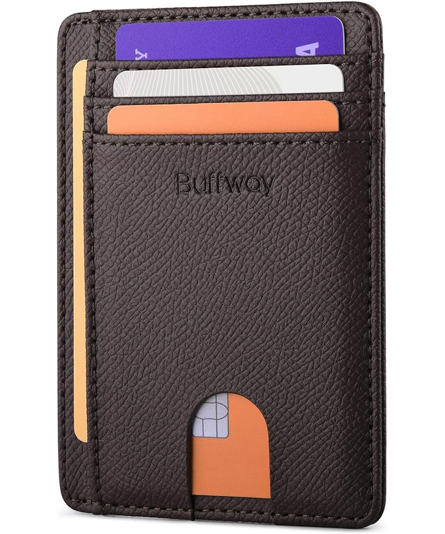 Buffway Slim Minimalist Front Pocket RFID Blocking Leather Wallets for Men and Women - Galaxy Coffee