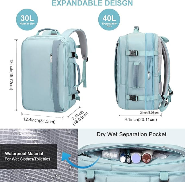 PIJUSHI Travel Backpack for Women Expandable Carry on Luggage Backpack Airline Approved Personal Item Laptop Bag(PE034 Blue)