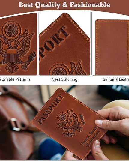 Shvigel US Leather Passport Book Cover - Thin American Travel Passport Holder - Premium International USA Passport Protector Case for Women Men (Light Brown Vintage)