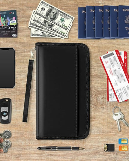 GOAUS Passport Holder with AirTag Slot, PU Leather Travel Document Organizer, Multiple RFID Blocking Wallet for Family of 4 to 6 Black
