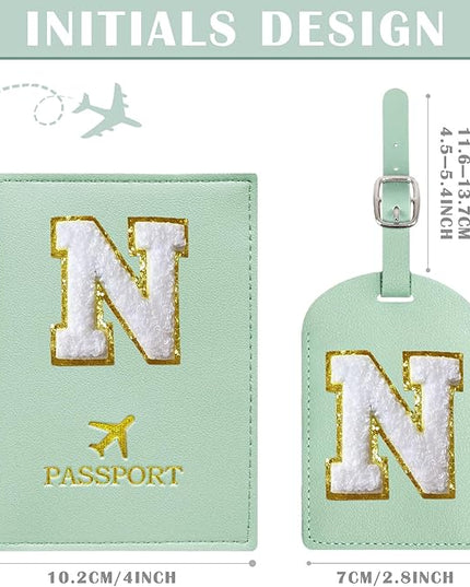 COSHAYSOO Green Passport Cover and Luggage Tag Set TSA Approved with Her Initial Chenille Letter Patch, Trending Traveling Bag Backpack Suitcase Identifier Birthday Gifts for Women Girls (N)