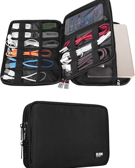 BUBM Double Layer Electronic Accessories Organizer, Travel Gadget Bag for Cables, USB Flash Drive, Plug and More, Perfect Size Fits for iPad Mini (Medium, Black)
