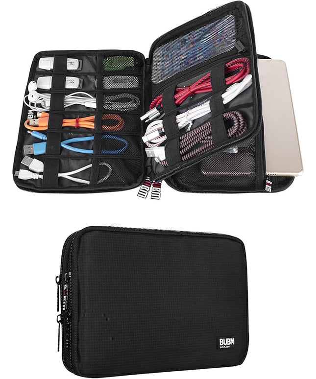 BUBM Double Layer Electronic Accessories Organizer, Travel Gadget Bag for Cables, USB Flash Drive, Plug and More, Perfect Size Fits for iPad Mini (Medium, Black)