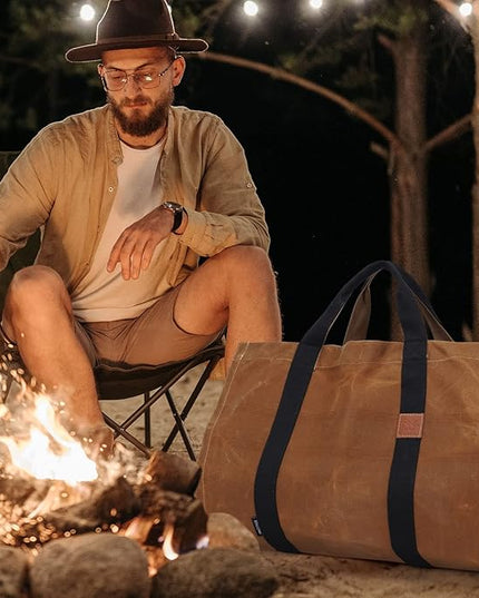 INNO STAGE Firewood Log Carrier Tote Bag with Super Strong Double Straps for Reinforce, 16oz Waxed Canvas Heavy Duty & Long Lasting for Wood Hay Hauling for Fireplace or Outdoor Camping-Rust Color