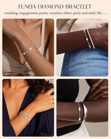 FUNEIA Dainty Silver Gold Bracelets for Women Trendy Non Tarnish 14K Gold Plated Waterproof Diamond Bracelets Cute Stackable Heart Butterfly Clover Cross Evil Eye Charm Bracelet Stack Jewelry Gifts