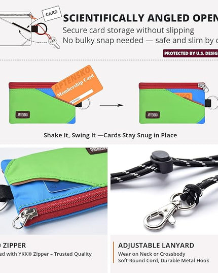 RFID Travel Wallet with Adjustable Lanyard-Zipper Small Wallet with ID Card Holder, Keychain for women&men-Minimalist Slim Waterproof Nylon case for ID, Cash, Key (Green+SkyBlue)