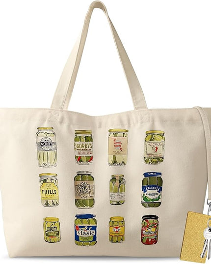 Large Tote Bag for Women - Aesthetic Cute Big Canvas Bags with Zipper Cotton Shoulder Bag for Gym, Travel, Work