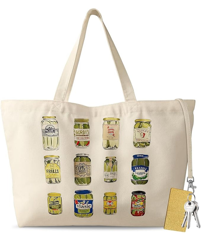 Large Tote Bag for Women - Aesthetic Cute Big Canvas Bags with Zipper Cotton Shoulder Bag for Gym, Travel, Work