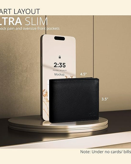 Oak Leathers Slim Leather Wallet for Men - RFID Blocking Slim Minimalist Front Pocket - Thin & Stylish with ID Window, Gift For Men (Black)