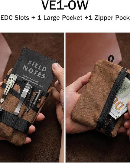 VIPERADE VE1-OW EDC Pouch, Waxed Canvas Pocket Organizer, EDC Pocket Organizer Pouch for Men, 3 Tool Slots with 1 Zipper Pocket Great for EDC Gears