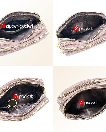 LINNO 3 Zippered Genuine Leather Coin Purse Triple Capacity Change Pouch Little Travel Wallet With Key Ring for Women