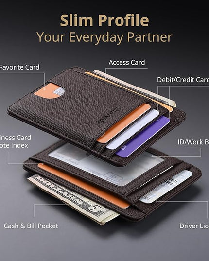 Buffway Slim Minimalist Front Pocket RFID Blocking Leather Wallets for Men and Women - Galaxy Coffee