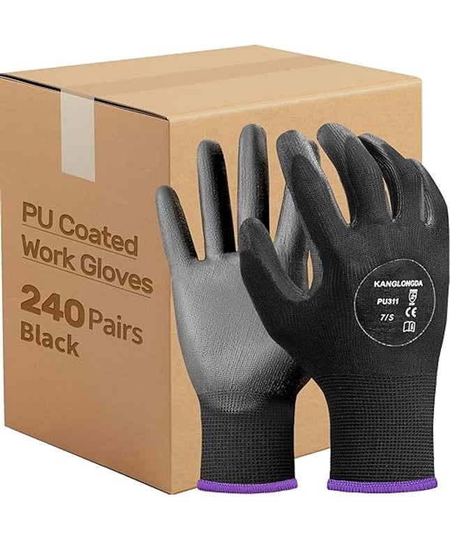 Kebada Safety Work Gloves,240 Pairs Bulk Pack, PU Coated, Ideal for Warehouse, Construction, Gardening and Mechanics, Black, Small